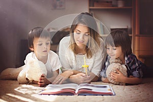 Young mother, read a book to her tho children, boys, in the living room