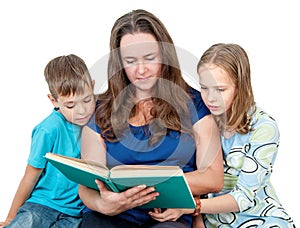 Young mother reading book for children