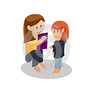 Young mother Reading Book and Daughter listening . Happy Mothers Day concept with mom and Daughter . Vector illustration