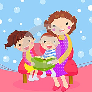 Young mother reading book to her children