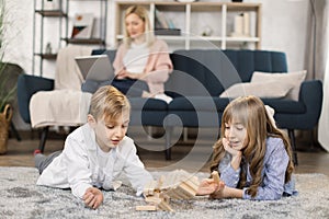 Young mother relax on sofa with laptop, two kids children playing with wooden blocks