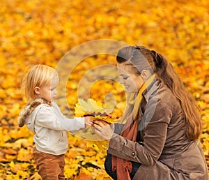 Giovane madre visualizzato un bambino caduto foglie 