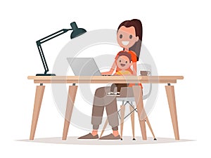 Young mother sits with a baby and works at a laptop. Mother freelancer, remote work at home and raising a child