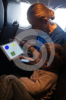 Young mother and son traveling on an aeroplane