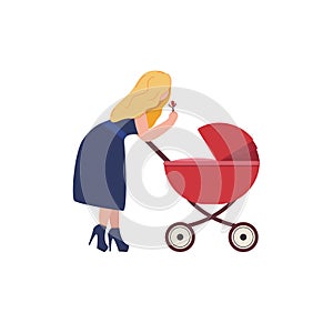 A young mother stands over a baby carriage with a newborn and shakes a toy with a strummer. Illustration.