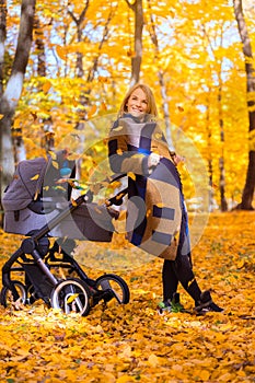 A young mother with a stroller is talking on her mobile phone while walking in the park