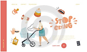 Young Mother Suffer of Baby Scream Landing Page Newborn Screaming and Crying in Pram. Female Character Care of Child