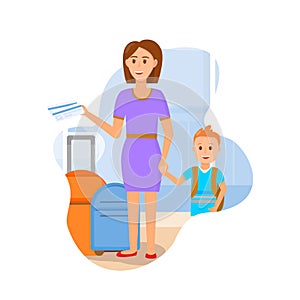 Young Mother Traveling with Little Son Characters.