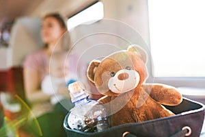 Young mother travelling with baby by train.