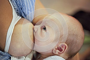 Young mother using nursing bras breast while feeding