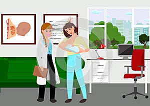 Young mother visiting a breastfeeding counselor. Counselor clinic with doctor, young mother and child. Illustration of