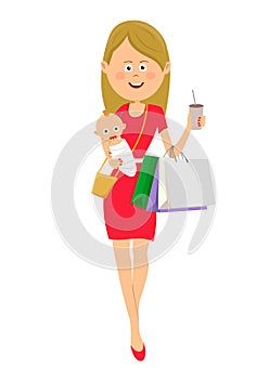 Young mother walking with baby and shopping bags