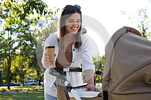 Young mother walking with her baby in stroller at park on sunny day