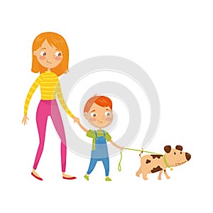 Young mother walking with her cute son and little puppy. Cartoon character of woman, boy and dog. Daily routine. Family