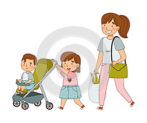 Young Mother Walking with Her Daughter Pushing Baby Buggy with Her Little Brother as Family Relations Vector