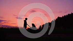 A young mother walks with a stroller near the rapeseed field at sunset.