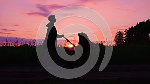 A young mother walks with a stroller near the rapeseed field at sunset.