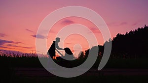 A young mother walks with a stroller silhouette