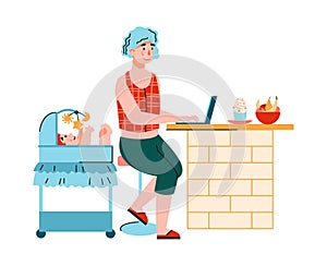 Young mother working remotely at home, flat cartoon vector cartoon illustration.