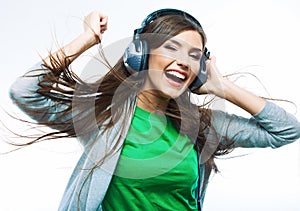 Young motion woman with headphones listening music .Music teena