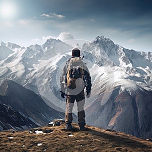 young mountaineer standing on top of mountain looking at view