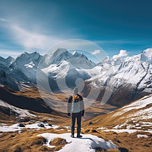 young mountaineer standing on top of mountain looking at view