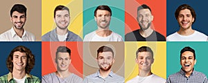 Young multiracial guys smiling over studio backgrounds, set of portraits