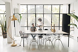 Young multiracial people interacting in spacious bright co working office with big window,