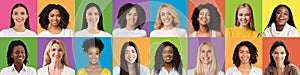 Young multiracial women smiling over studio backgrounds, set of portraits