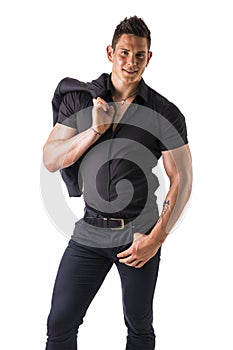 Young muscular man wearing black stylish shirt