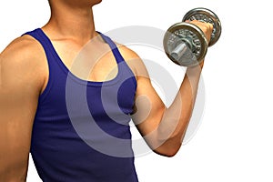 A young muscular man wearing a blue singlet lifting a dumbbell isolated on white background