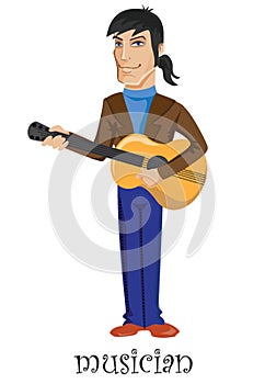 Young musician performing music on acoustic guitar. Happy guitarist standing and playing romantic melody. String