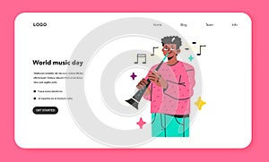 Young musician playing clarinet web banner or landing page. Black clarinetist