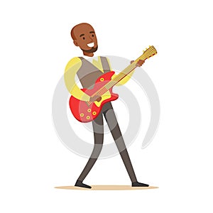 Young musician playing electric guitar. Colorful character vector Illustration