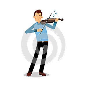 Young musician playing a violin cartoon character, violinist playing classical music vector Illustration