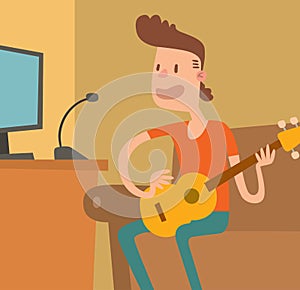 Young musician plays on the electric guitar vector illustration