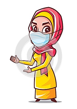 Young muslim woman with hijab wearing medical face mask to prevent against virus pointing something