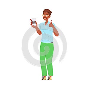 Young Mustached Man Showing QR Code on His Smartphone Vector Illustration