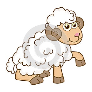 Young Mutton. Cartoon character Ram isolated on white background. Template of cute farm animal. Education card for kids