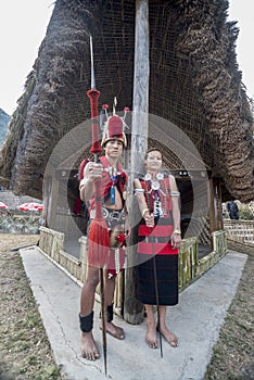 Young Naga Tribal Couplein  traditional Attire at Hornbill festival,Kohima,Nagaland,India on 1st December 2013