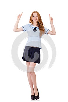 Young naughty student female pointing isolated