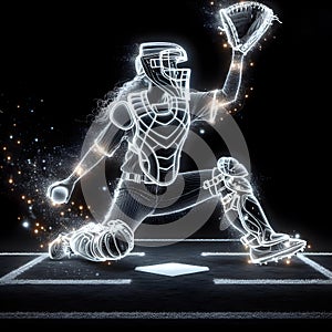 Young Neon Softball Catcher with Glowing Outline