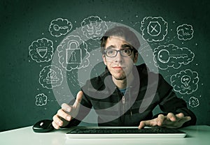 Young nerd hacker with virus and hacking thoughts