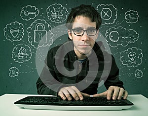 Young nerd hacker with virus and hacking thoughts