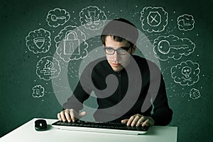 Young nerd hacker with virus and hacking thoughts