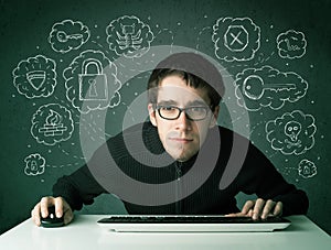 Young nerd hacker with virus and hacking thoughts