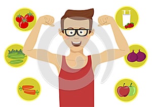 Young nerd man with glasses showing his muscles against healthy food