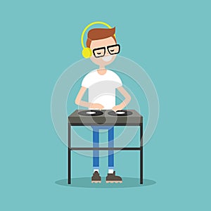 Young nerd wearing headphones and scratching a record on the turntable / flat editable vector illustration