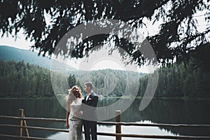 Young newly wed couple, bride and groom kissing, hugging on perfect view of mountains, blue sky