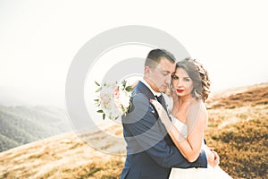 Young newly wed couple, bride and groom kissing, hugging on perfect view of mountains, blue sky